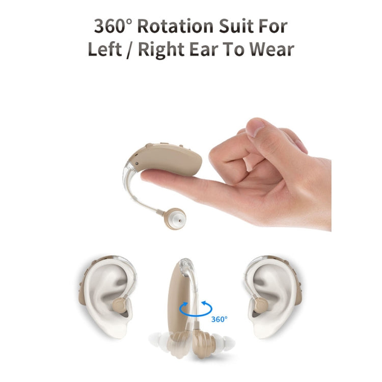 Skin-tone earhook hearing aid with 360° rotation, shown in hand and paired set.