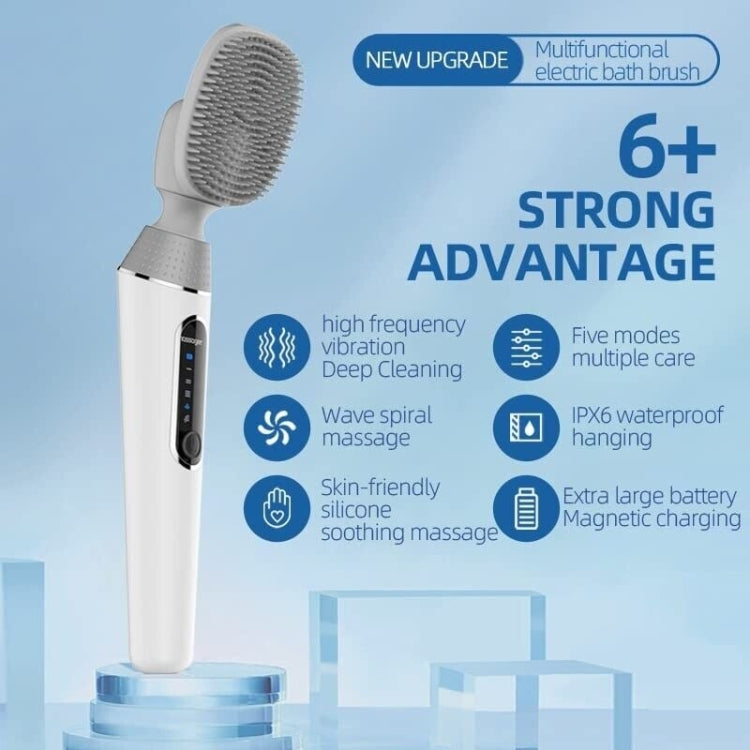 White long-handled electric bath brush with textured silicone vibration head