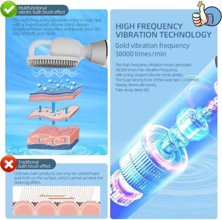 Electric bath brush with vibrating silicone bristle head and water-splash design