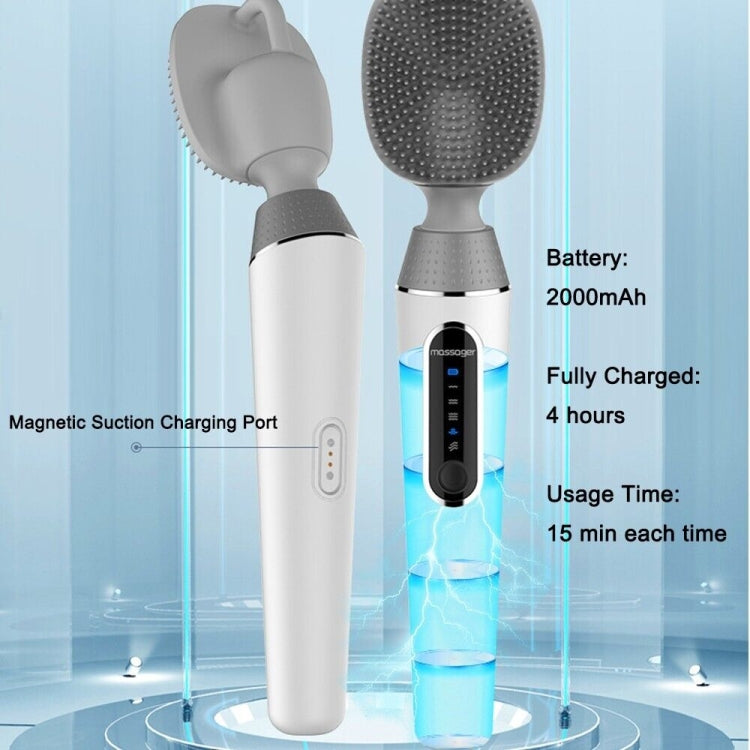 White electric bath brush showing magnetic suction charging port and silicone head