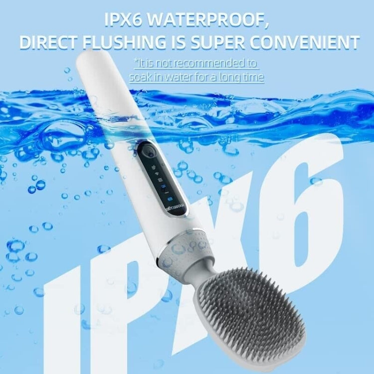 White electric bath brush with silicone head in water, designed for splash resistance