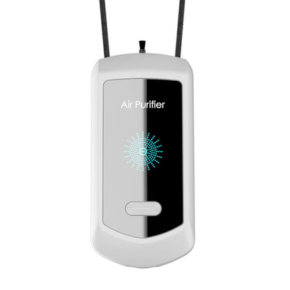 White hanging neck air purifier with lanyard, front window and indicator light
