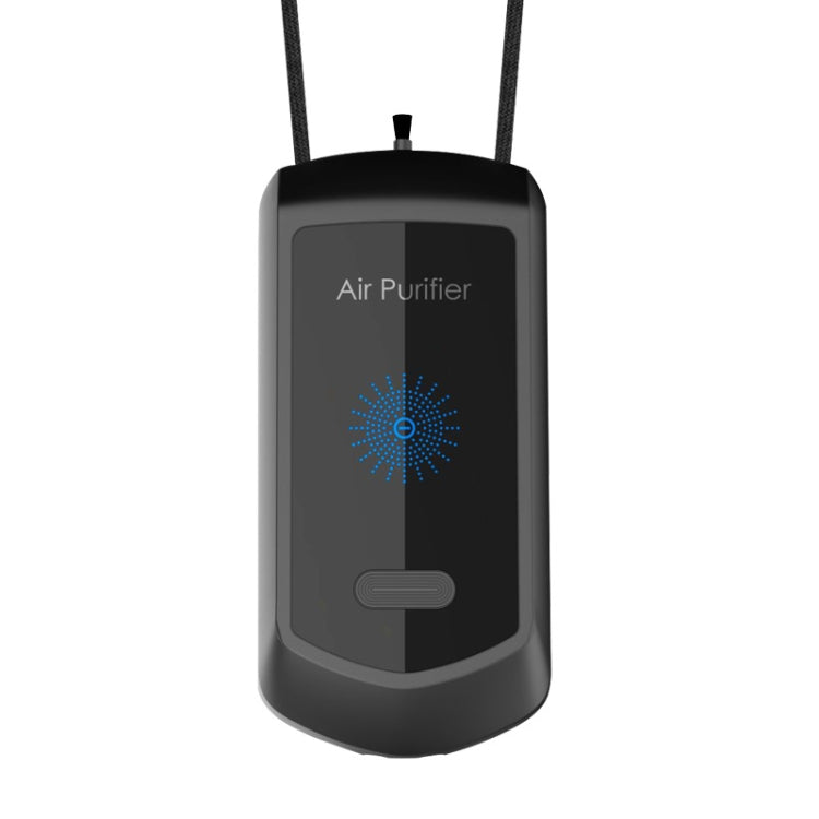 Black hanging neck air purifier with lanyard, front window and indicator light
