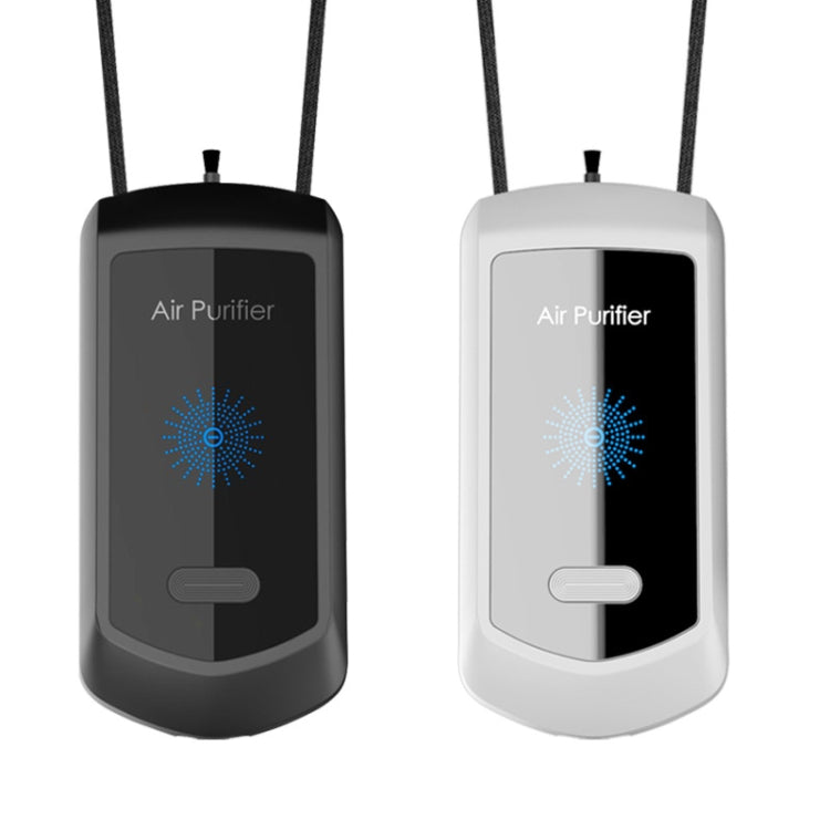 Hanging neck air purifiers, black and white versions with lanyards