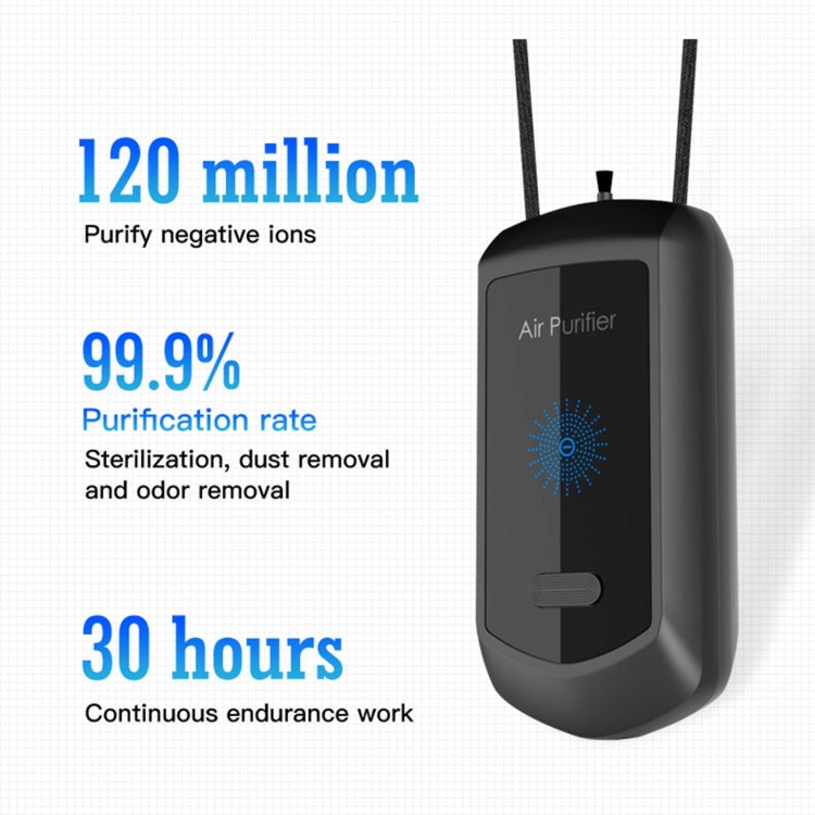 Black wearable hanging neck air purifier with lanyard, front indicator and button