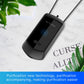 Black wearable hanging neck air purifier with lanyard, angled view of front panel
