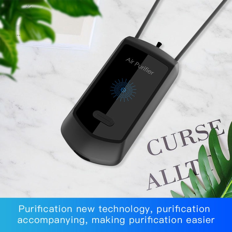 Black wearable hanging neck air purifier with lanyard, angled view of front panel