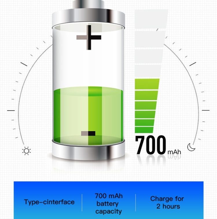 Air purifier battery pack, 700 mAh cylinder with Type-C charging details