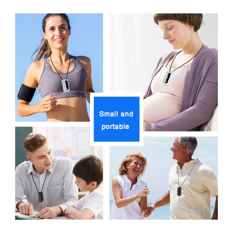 Wearable hanging neck air purifier on lanyard worn by people, portable design