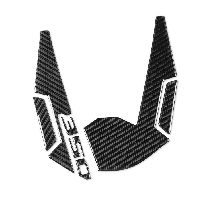 Front fender protective sticker set, black carbon fiber look with chrome edge cutouts