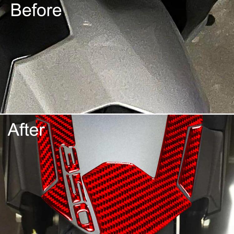 Red carbon fiber front fender protective sticker set on scooter front panel