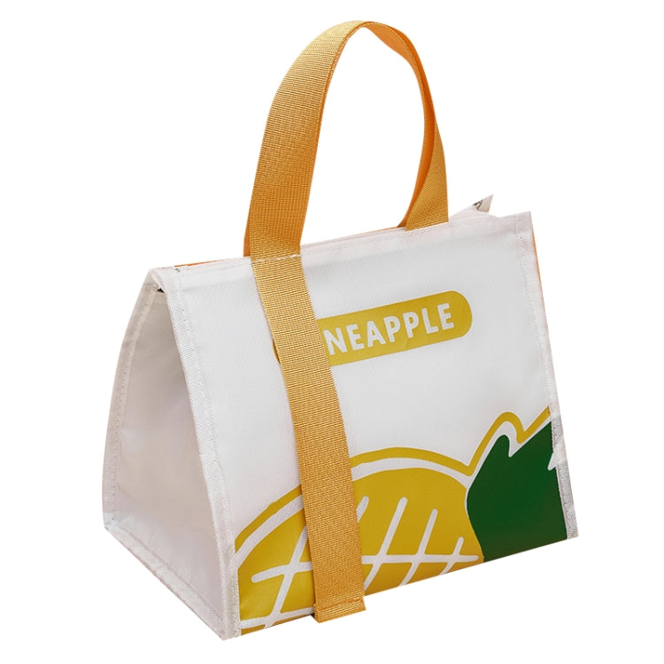 White insulated bento lunch tote bag with yellow handle and pineapple front print