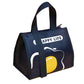 Navy insulated bento lunch tote bag with navy handles and HAPPY LIFE front print