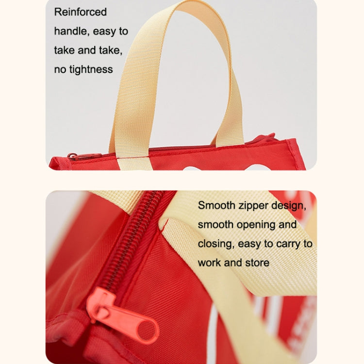 Red insulated lunch bag with reinforced beige handle and smooth zipper closure