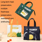 Assorted insulated lunch tote bags in green, white, and navy with front prints
