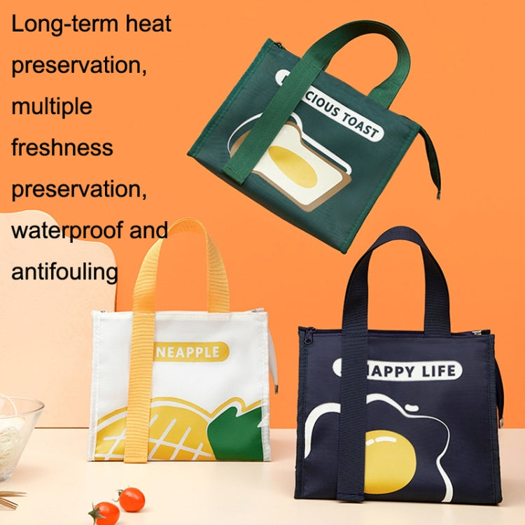 Assorted insulated lunch tote bags in green, white, and navy with front prints