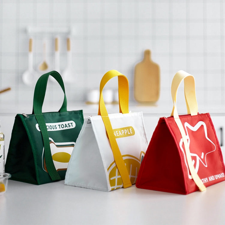 Insulated lunch tote bags in green, white, and red with patterned front panels