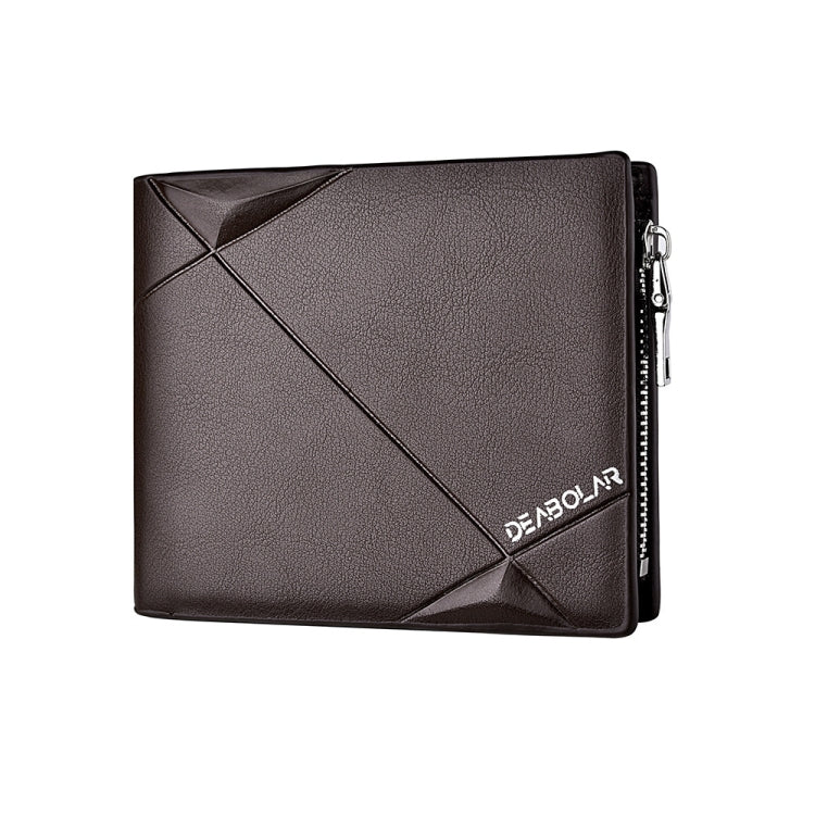 Men's tri-fold PU leather wallet, dark brown, zip closure and diagonal geometric design.
