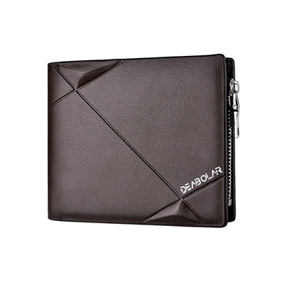 Men's tri-fold PU leather wallet, dark brown, zip closure and diagonal geometric design.