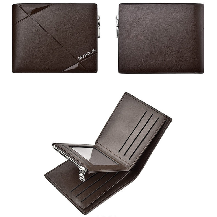Men's tri-fold PU leather wallet set, brown, front/back view and open card slots.