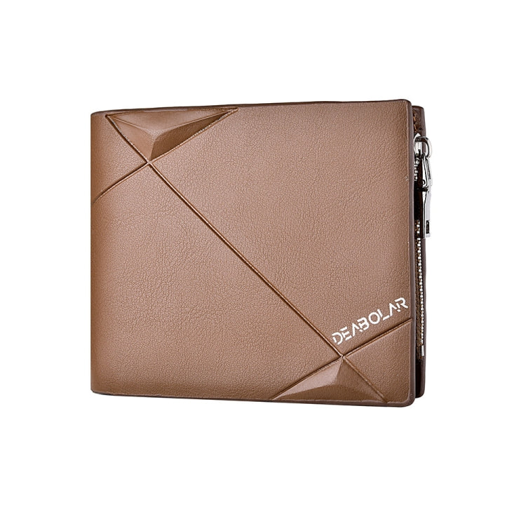 Men's tri-fold PU leather wallet, coffee brown, zip closure with diagonal geometric design.