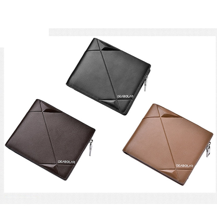 Men's tri-fold PU leather wallet in black, brown, and coffee tones with zip closure.
