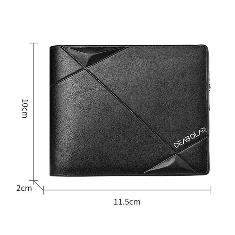 Men's tri-fold PU leather wallet, black, zip closure with diagonal geometric panel design.