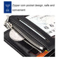 Men's tri-fold PU leather wallet interior, black, zip coin pocket with lining and coins.