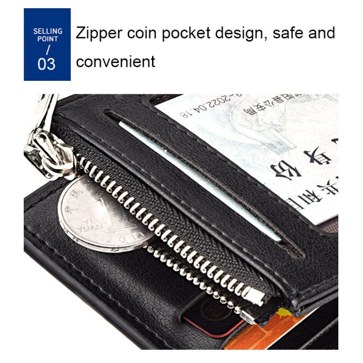 Men's tri-fold PU leather wallet interior, black, zip coin pocket with lining and coins.