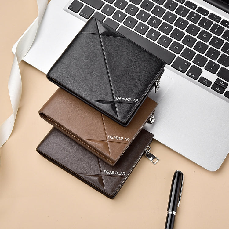 Men's tri-fold PU leather wallets, black and brown, zip closure with diagonal geometric design.