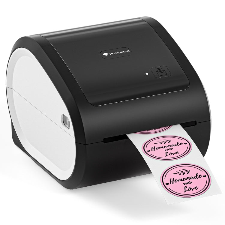 Black desktop thermal label printer with label roll and output slot