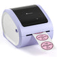 Lavender desktop thermal label printer with label roll and output slot