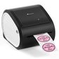 Black desktop thermal label printer with label roll and feeding slot