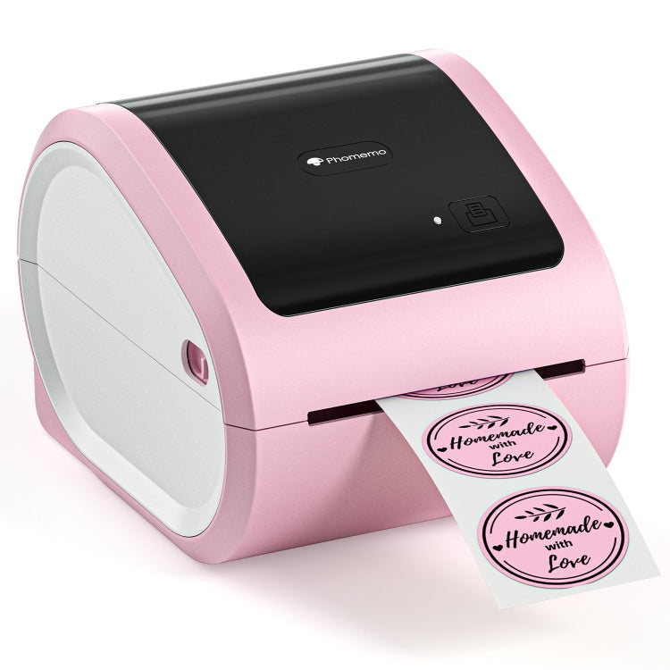 Pink desktop thermal label printer with label roll and printed labels
