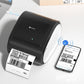 Black thermal shipping label printer with printed label and Bluetooth phone connection