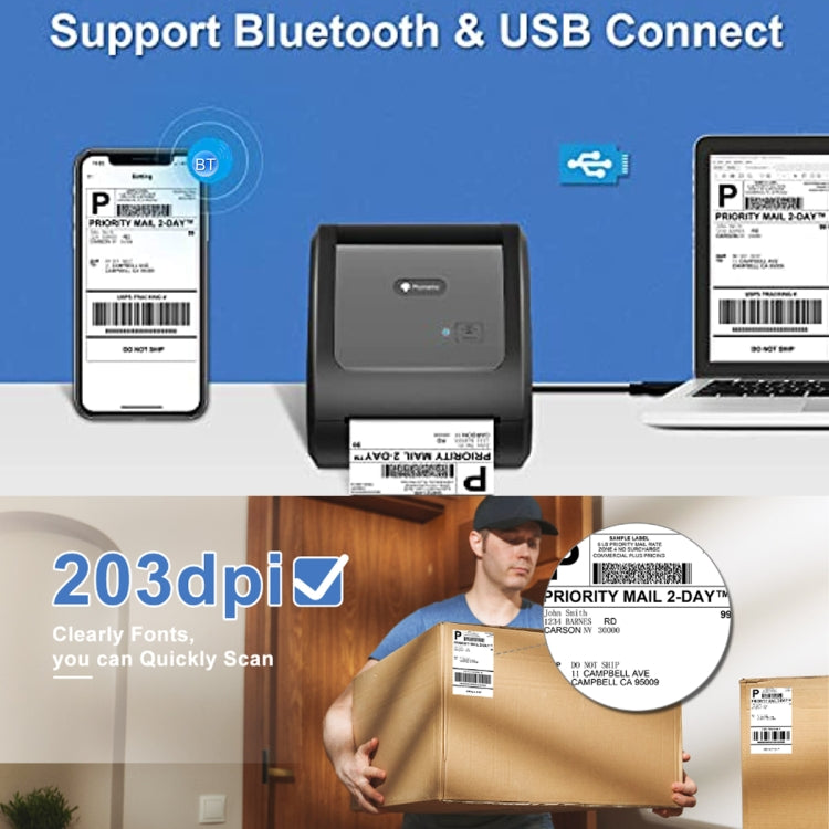Compact thermal label printer with connected smartphone and laptop on desk