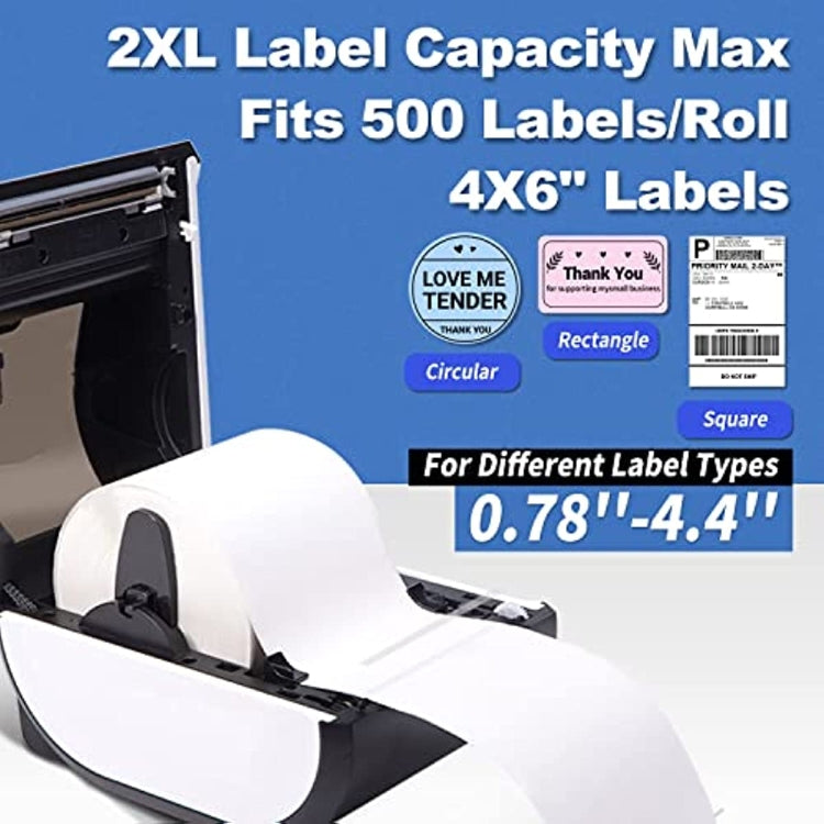 Desktop thermal label printer with large label roll and label feed tray