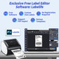 Desktop thermal label printer with laptop showing label editing software