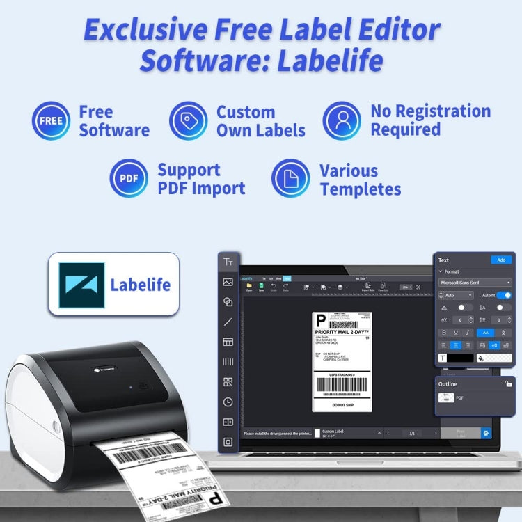 Desktop thermal label printer with laptop showing label editing software