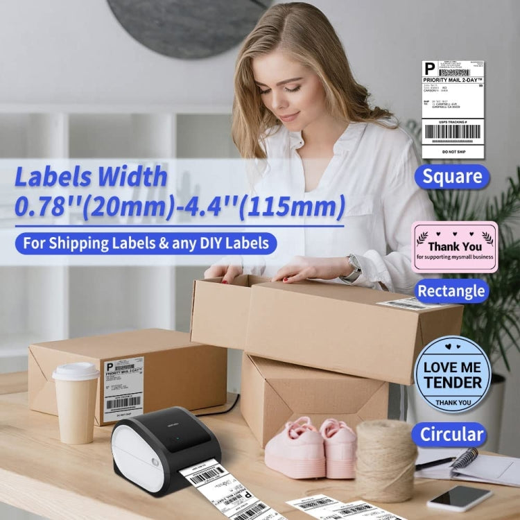 Desktop Bluetooth thermal label printer with shipping label examples