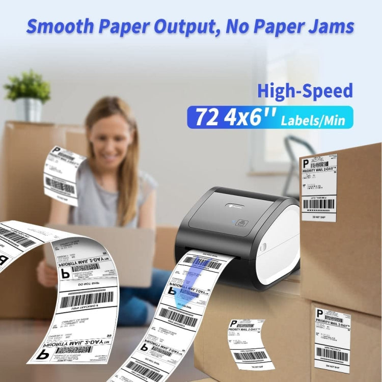 Gray desktop thermal label printer producing shipping labels