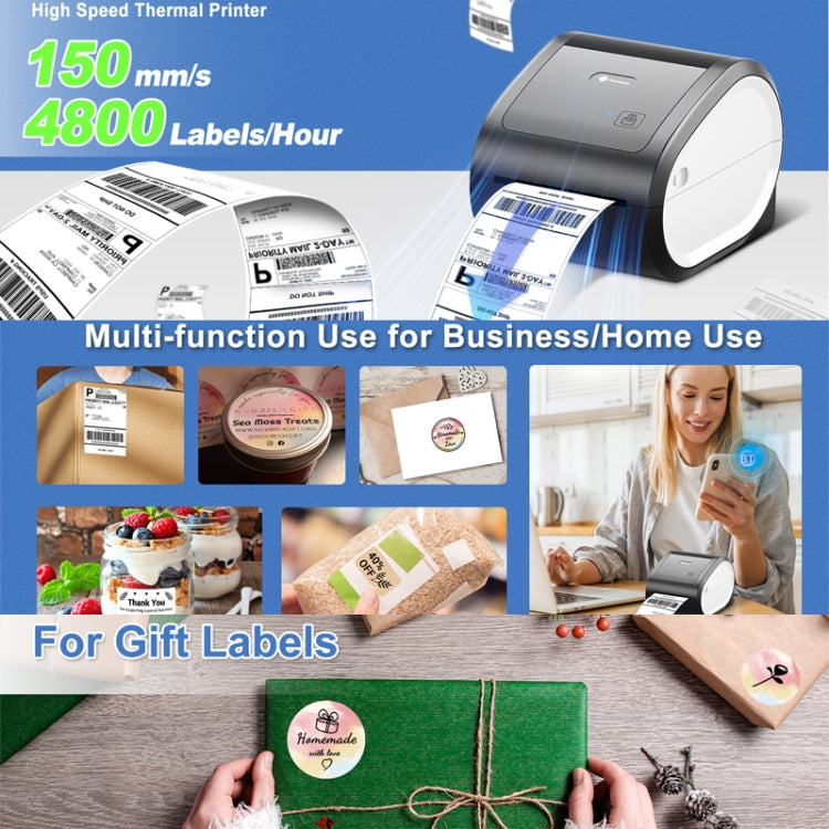 Gray thermal label printer on desk with multiple printed labels