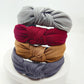 Pressed fabric headbands, gray, deep red, tan, and navy knotted wide bands