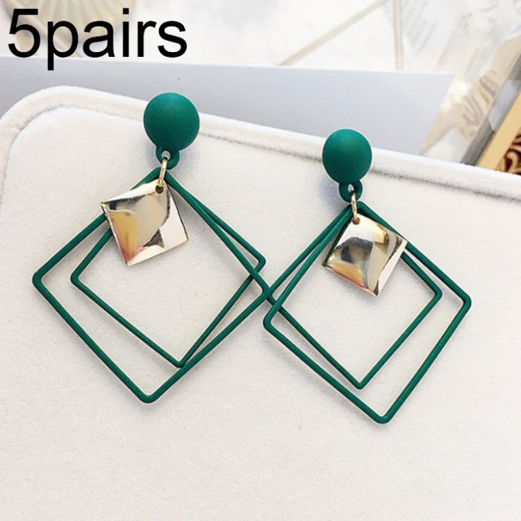 Green alloy drop earrings with double diamond-stitch square frames and gold center charm