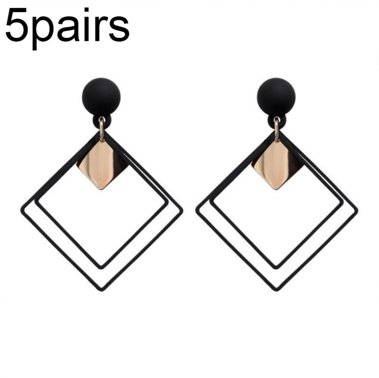Black alloy drop earrings set with square geometric frames and gold-tone center charm