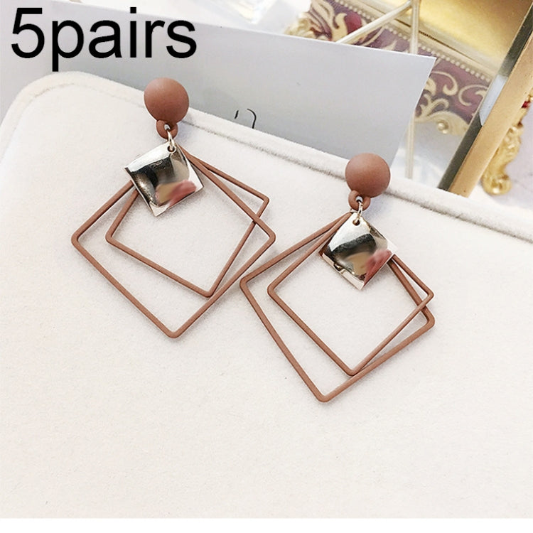 Coffee-brown alloy drop earrings with double diamond-stitch square frames and gold charm