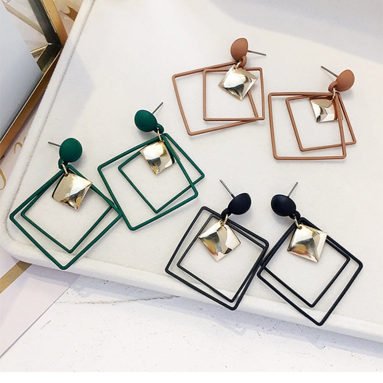 Assorted alloy drop earrings in green, black, and brown with square frame dangles