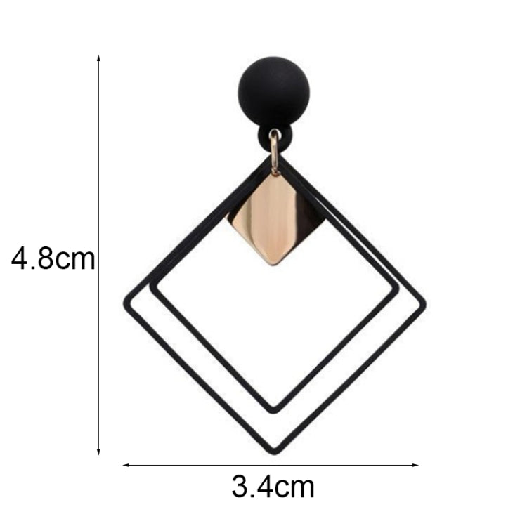 Black alloy drop earrings, square frame dangles; size 4.8 cm x 3.4 cm