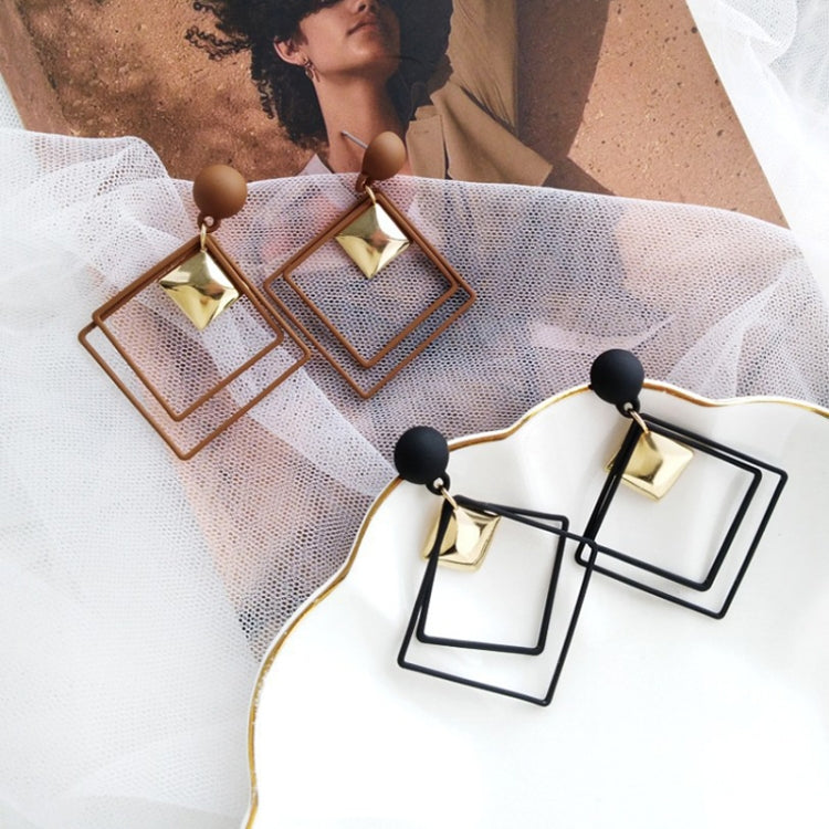 Alloy drop earrings in brown and black with gold-tone center charms and square frames