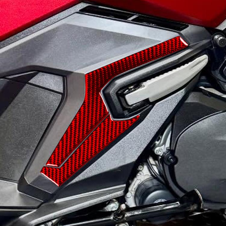 Rear footrest lower protector, red carbon-fiber style trim with raised channel pattern